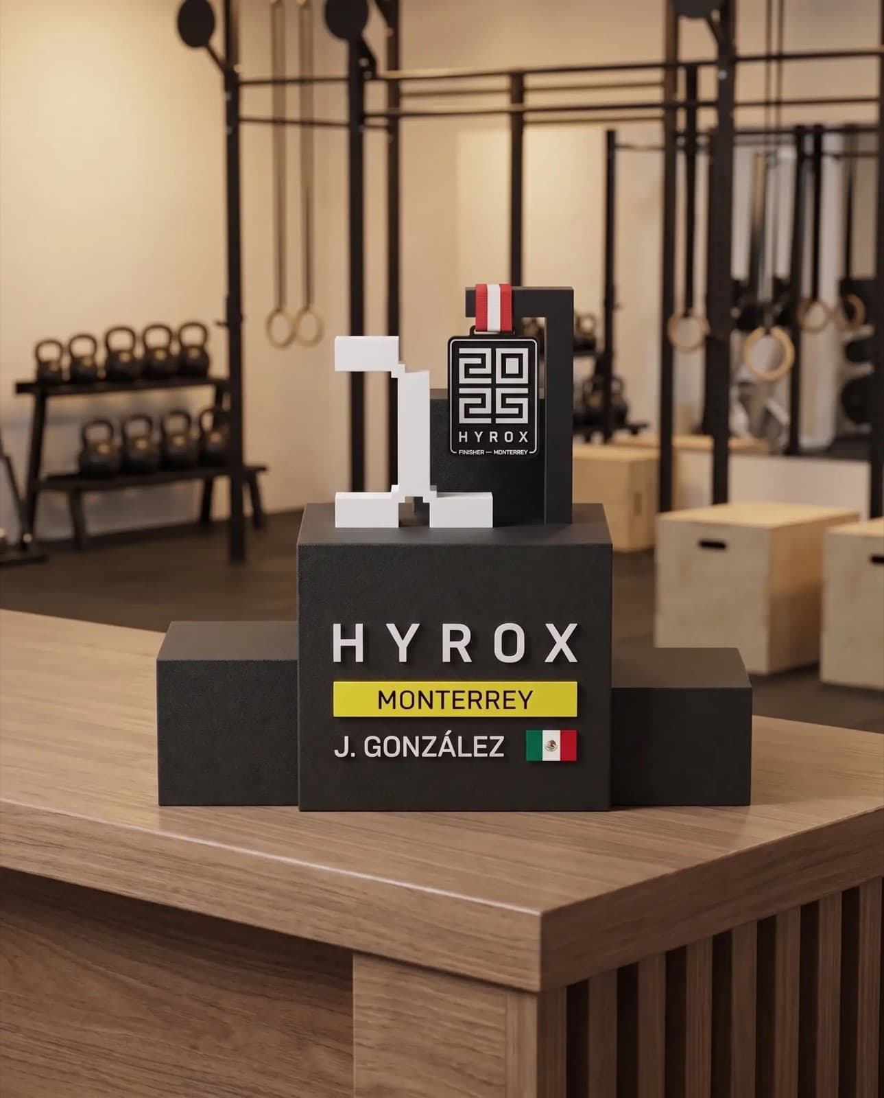 El trofeo de finisher sobre una mesa de madera dentro de un gimnasio.